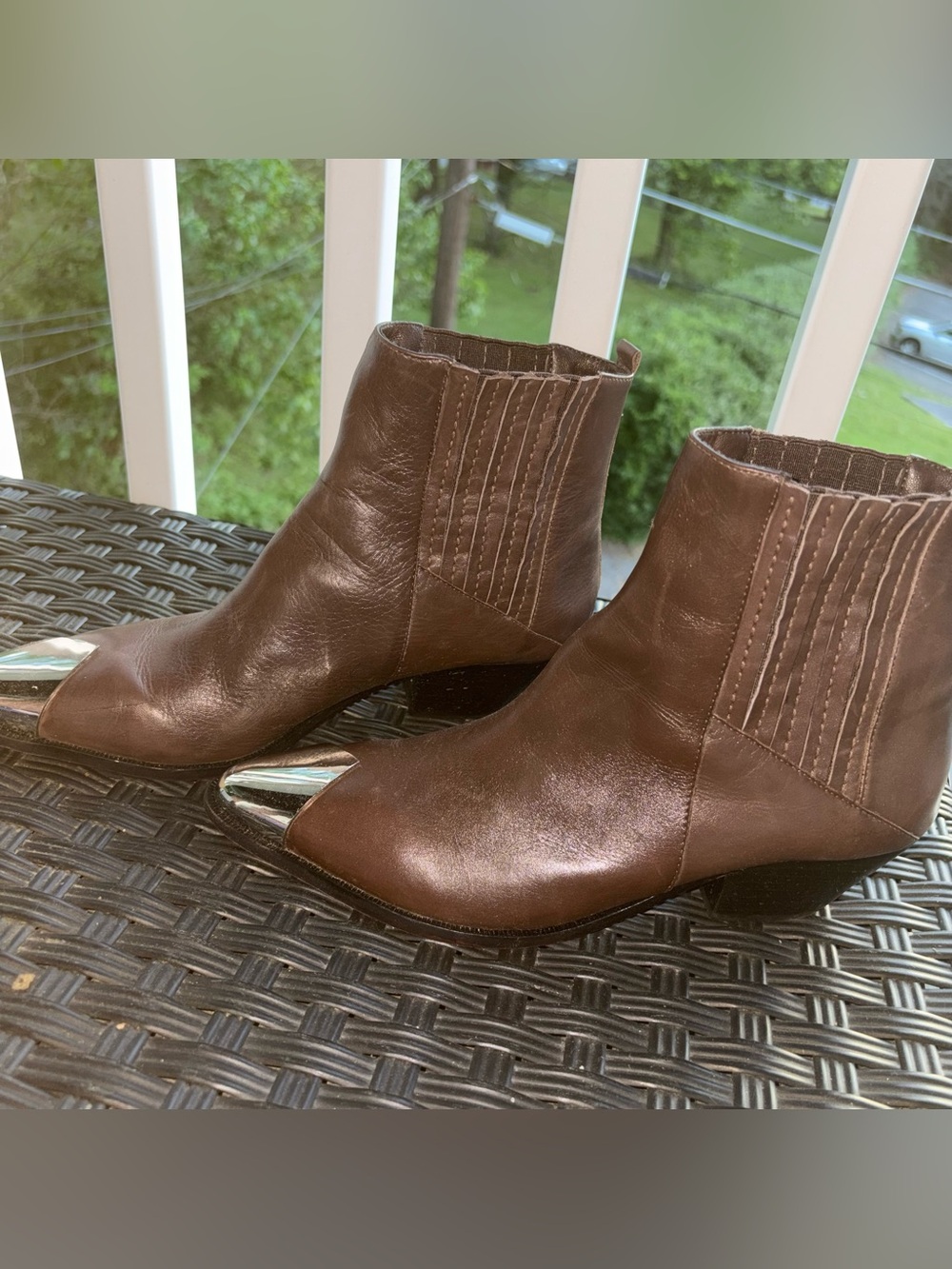 SCHUTZ Brown Leather Ankle Booties with Silver Metal Toe